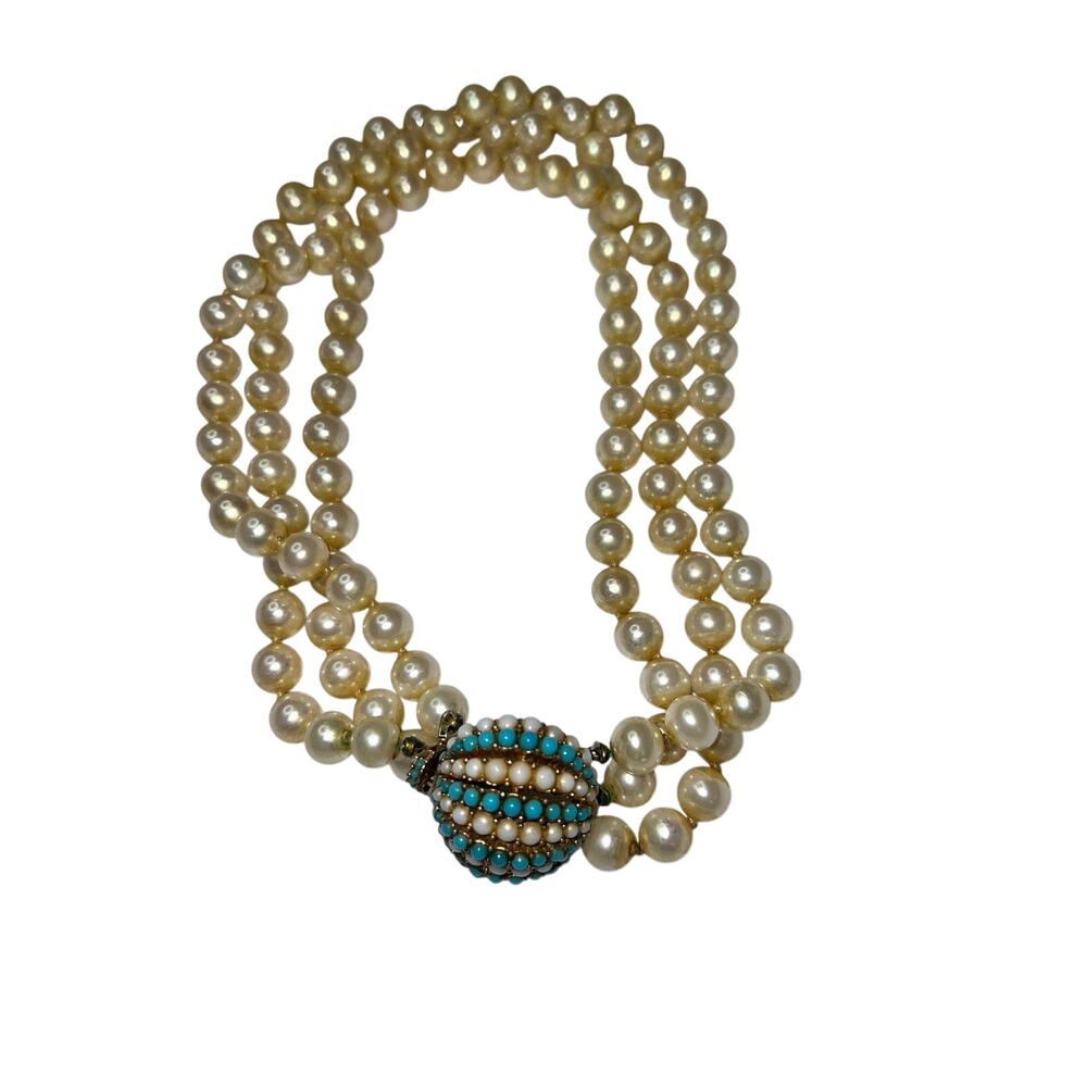 CINER Vintage Multi-Strand Faux Pearl Necklace Turquoise Clasp